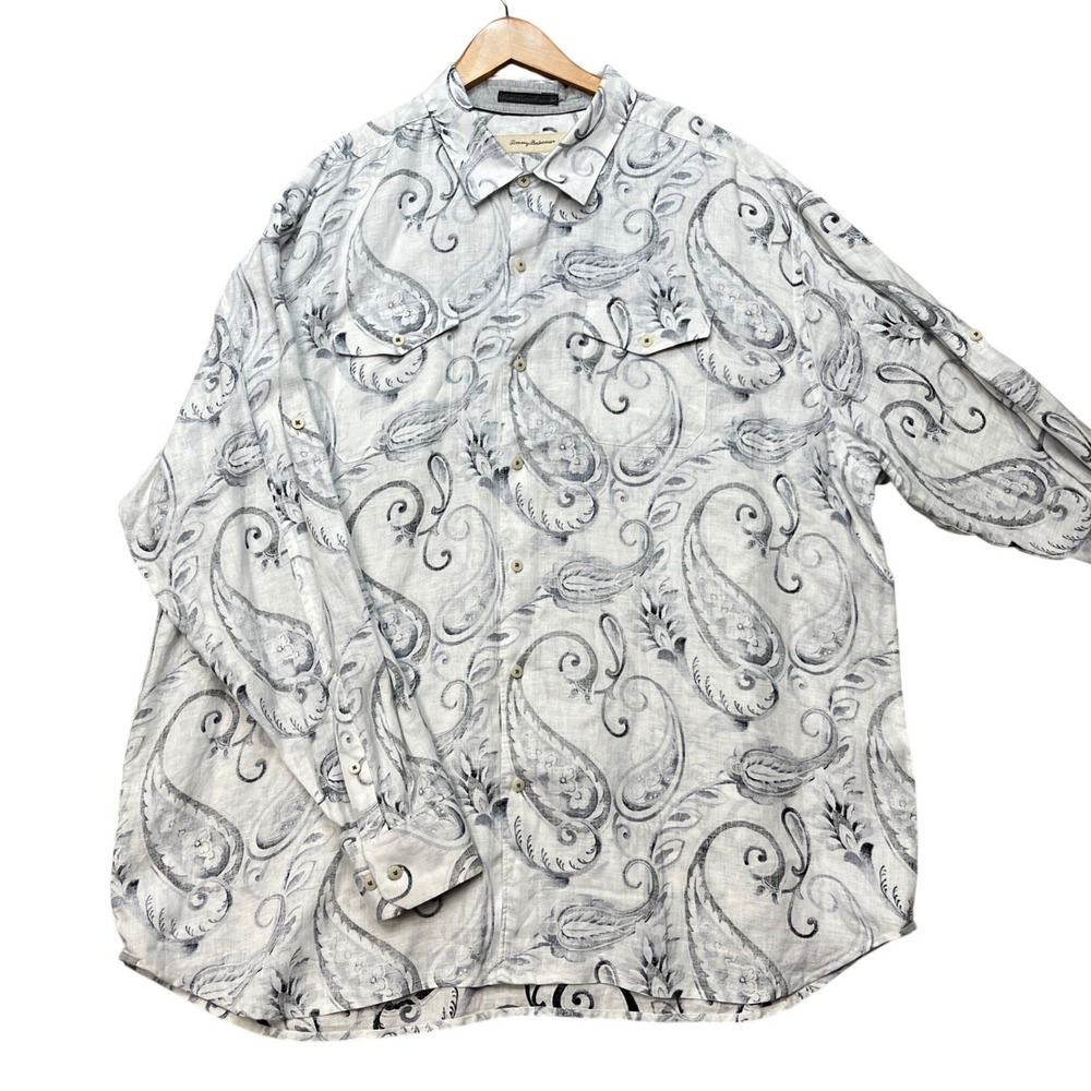 Tommy Bahama Button Down Shirt Mens XXL White Gray Paisley Linen Roll-Tab Sleeve